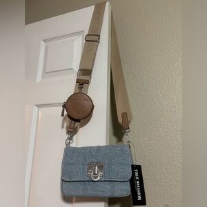 True Religion Light Blue Denim Crossbody with Tan Strap and Brown Coin Pouch